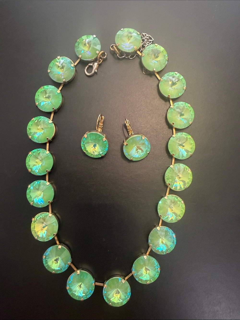 Swarovski Green Aurora Crystal Necklace and Matching Drop Earrings